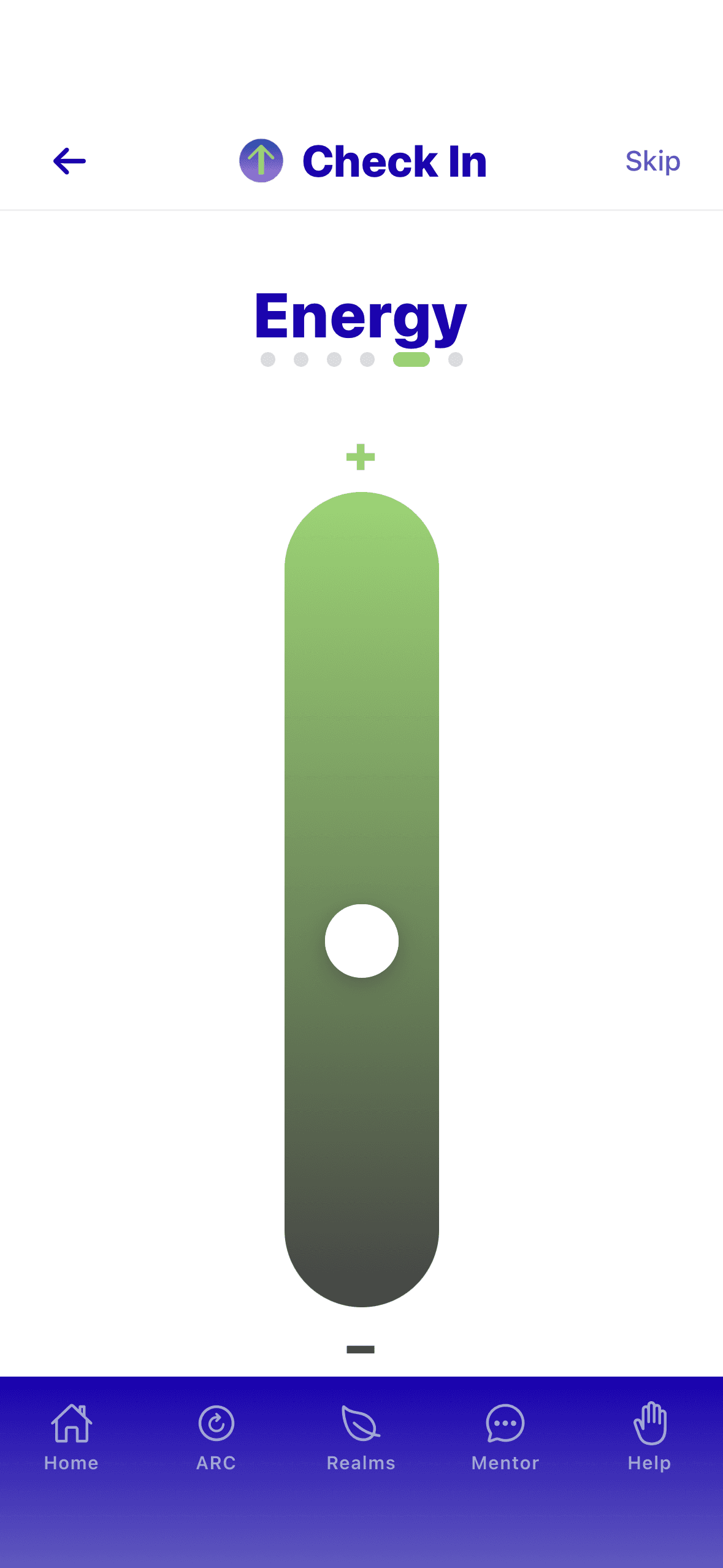 The Check In screen on an iPhone, rating Energy on a tall green slider — the fifth of six metrics — with a Skip link in the corner.