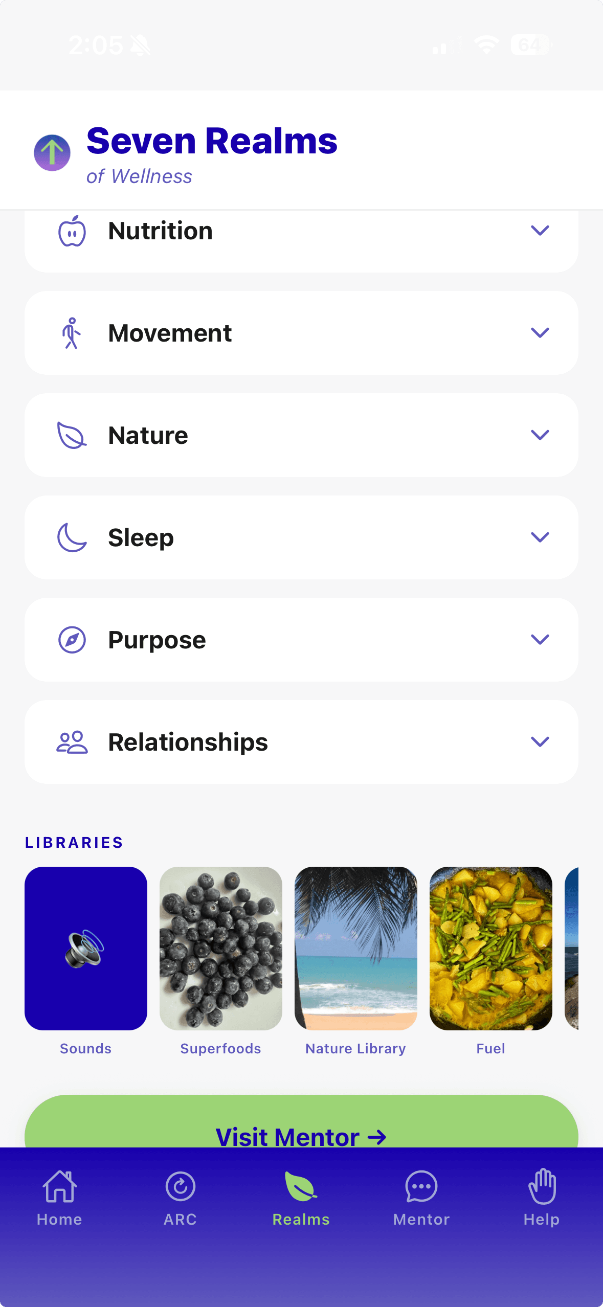 The Seven Realms of Wellness screen on an iPhone, listing Nutrition, Movement, Nature, Sleep, Purpose and Relationships as expandable rows above a row of libraries.