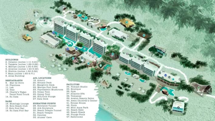 Map of Palmaïa, The House of AïA, showing the resort's beach, jungle and facilities